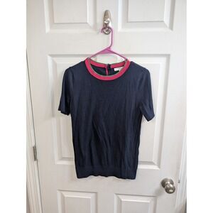 1901 Short Sleeve Sweater Women Navy Blue Pink Green Trim Preppy - Size M